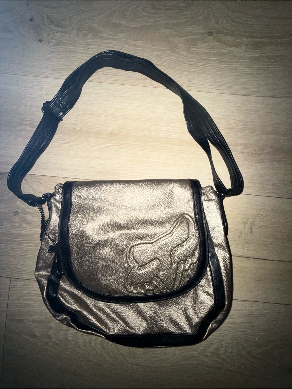 Black & Silver Leather Fox Racing Crossbody Bag